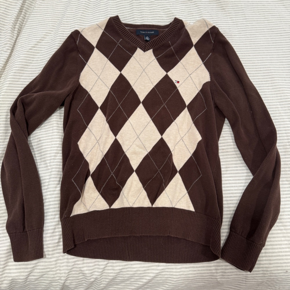 Tommy Hilfiger Argyle Sweater in Brown and Cream